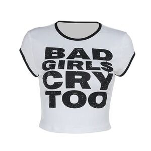 Glitz White Black Graphic Cap Sleeve Crop Top